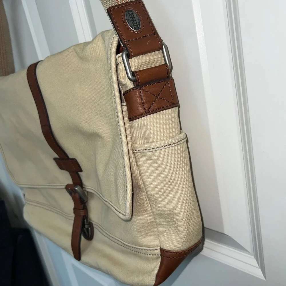 Fossil Canvas Leather Corners Crossbody Messenger Bag Y2K